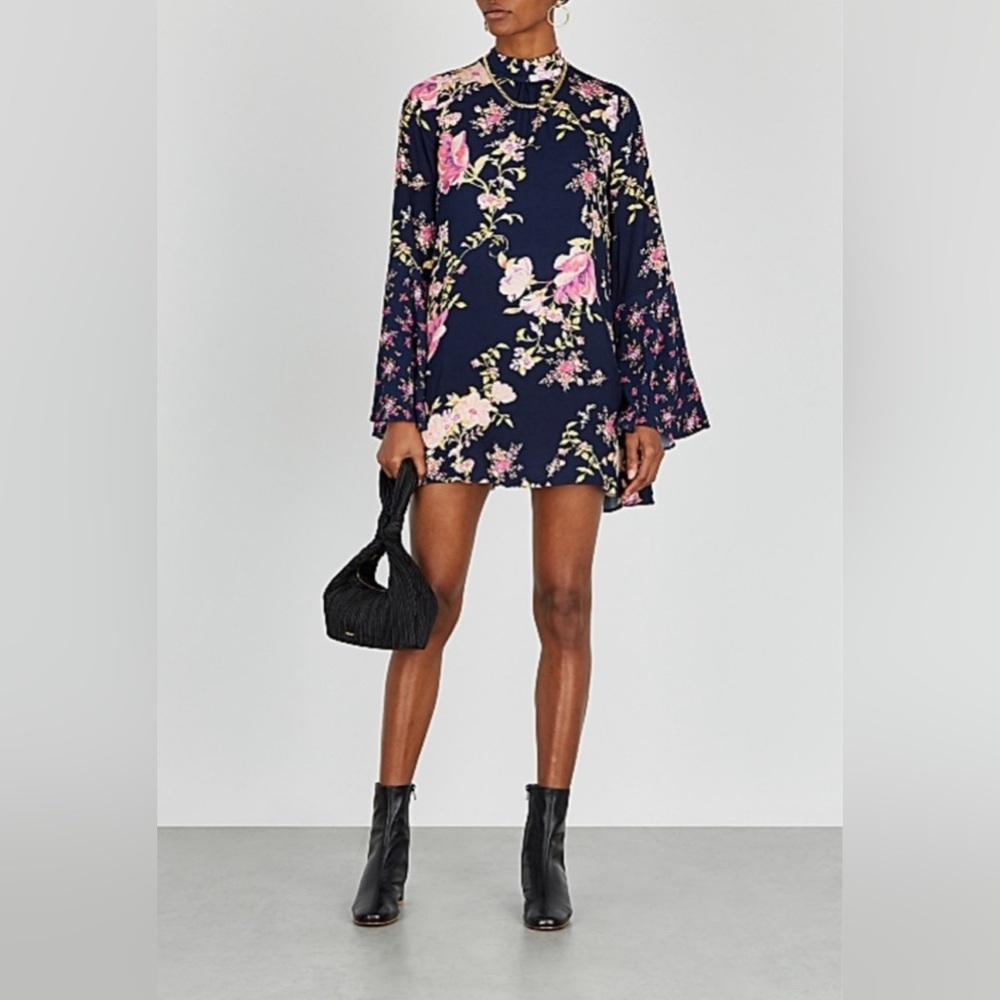 Free People Tate Tunic Top Size XS Mock Neck Midnight Floral Combo, Mini Dress